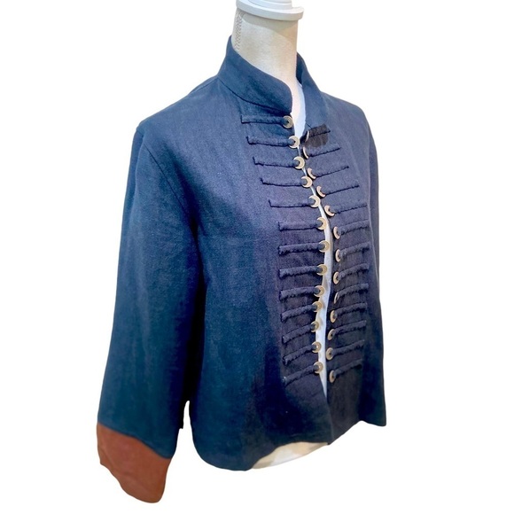 Peacock ways 100% linen navy open front coin detail jacket military style large - Picture 2 of 9